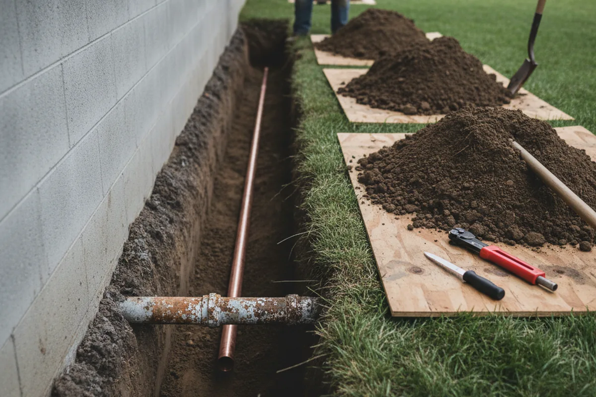 Excavated water line trench during Sewer Line Repair in Satsuma